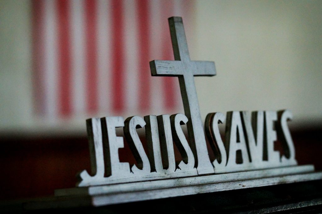 Jesus Saves sign in an old church in Indiana.
