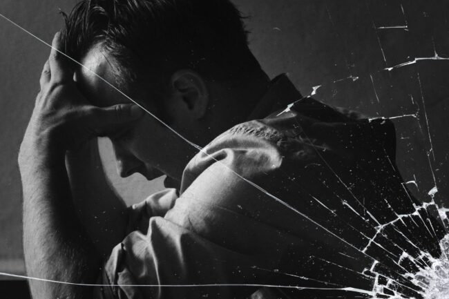 Stressed man sitting hopelessly with cracked glass effect